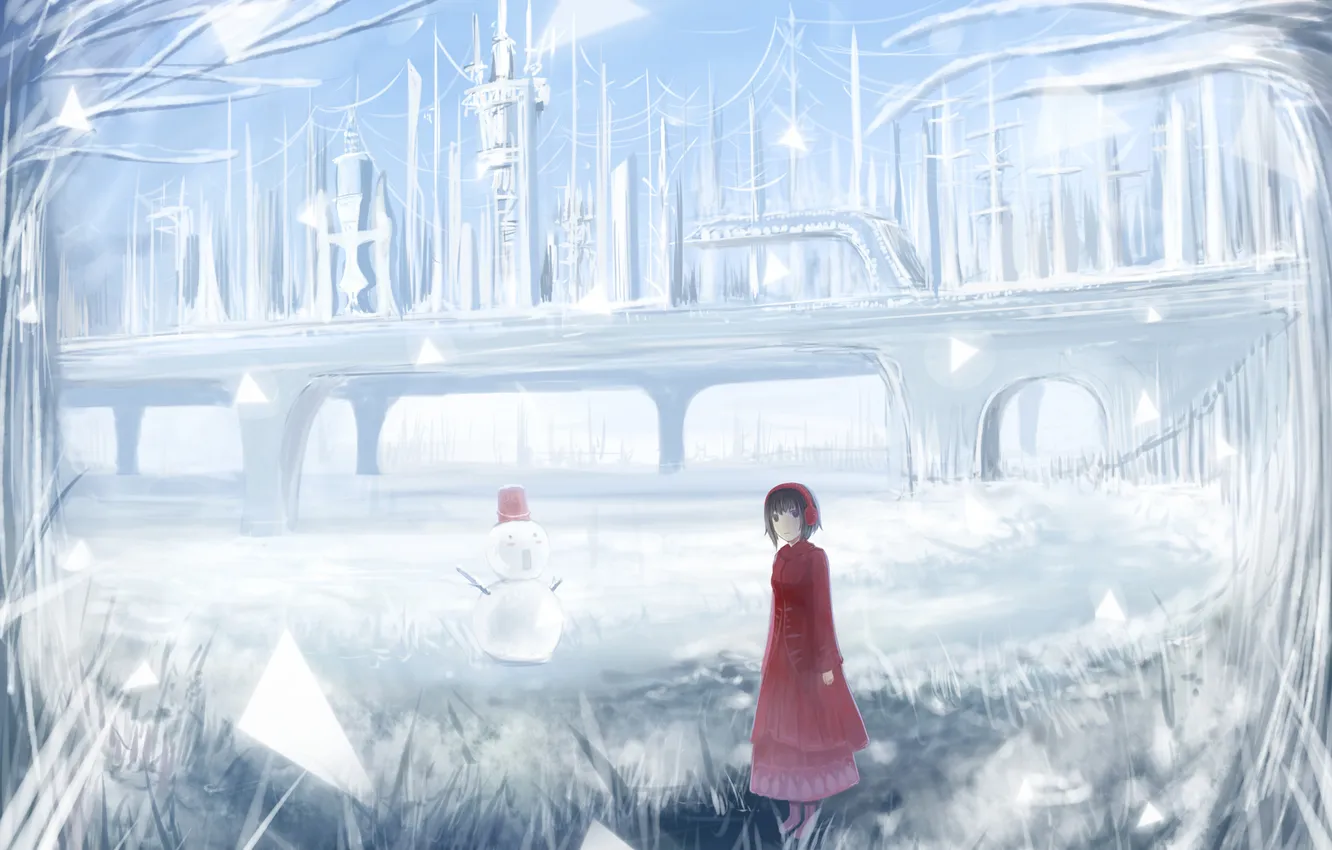 Photo wallpaper winter, girl, trees, bridge, construction, anime, art, snowman