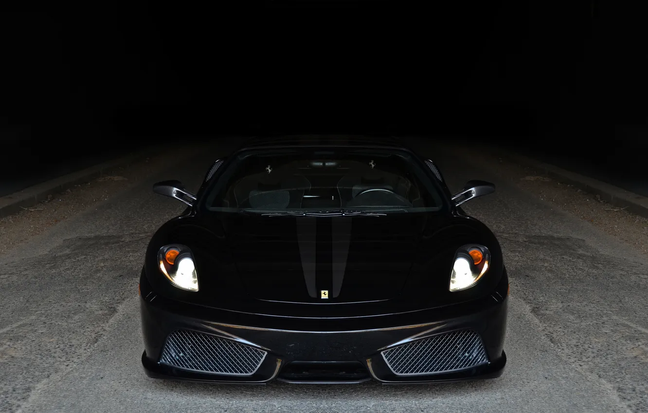 Photo wallpaper strip, The hood, Ferrari, Ferrari, black, headlights, the Scuderia, f430 scuderia