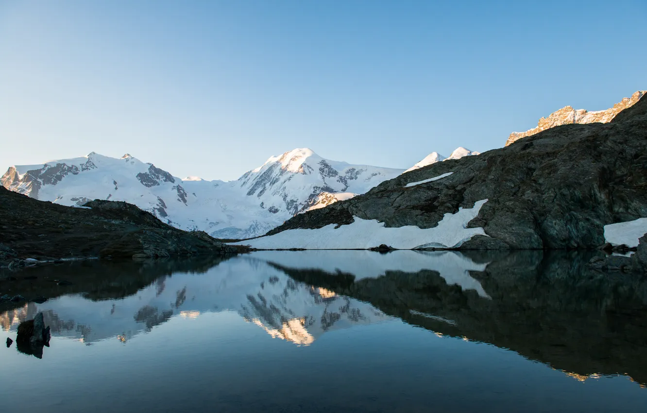 Photo wallpaper snow, mountains, lake, reflection, Switzerland