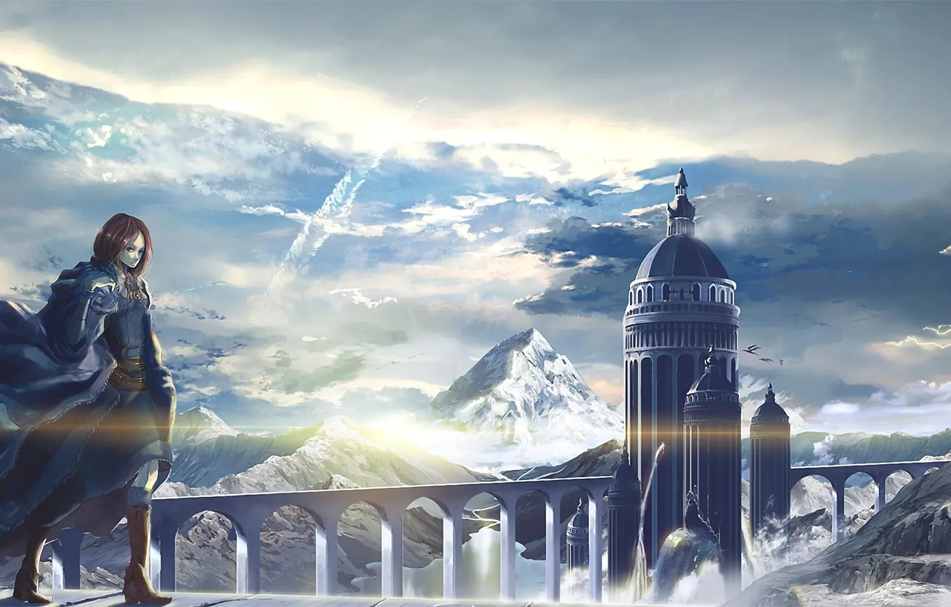 Photo wallpaper girl, landscape, mountains, bridge, tower, height, waterfall, art