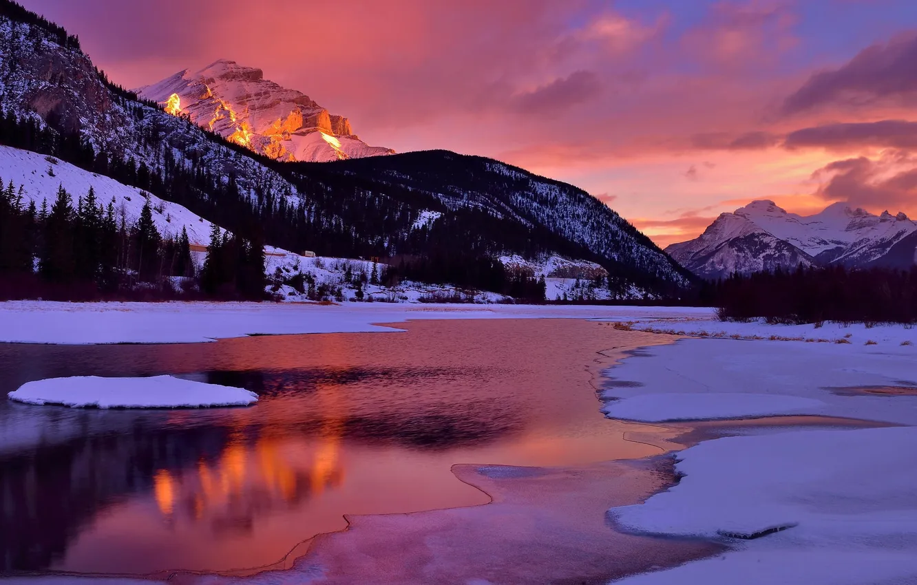 Photo wallpaper winter, the sky, clouds, snow, mountains, lake, reflection
