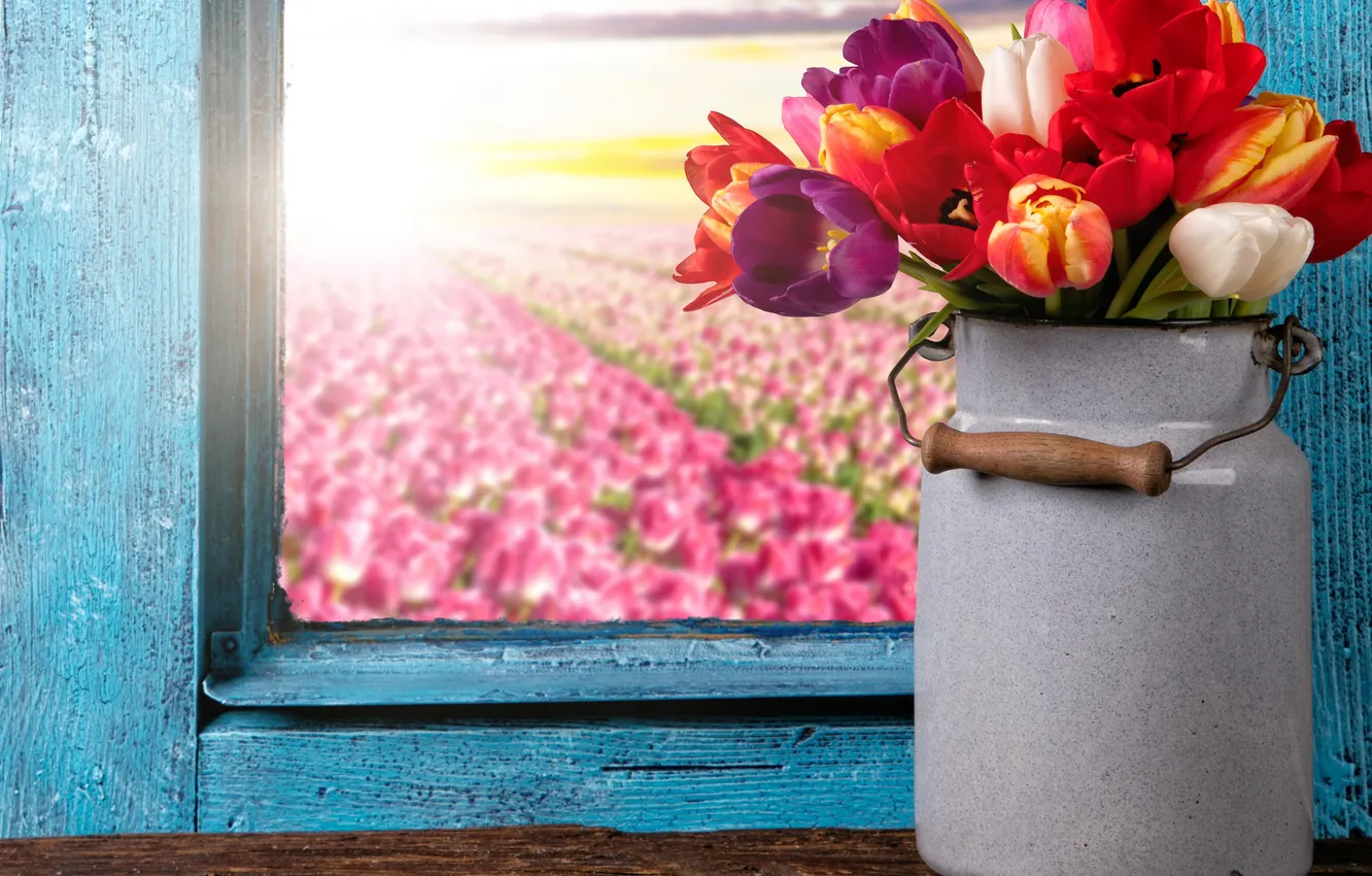 Photo wallpaper colorful, window, tulips, flowers, tulips, window, bouquet