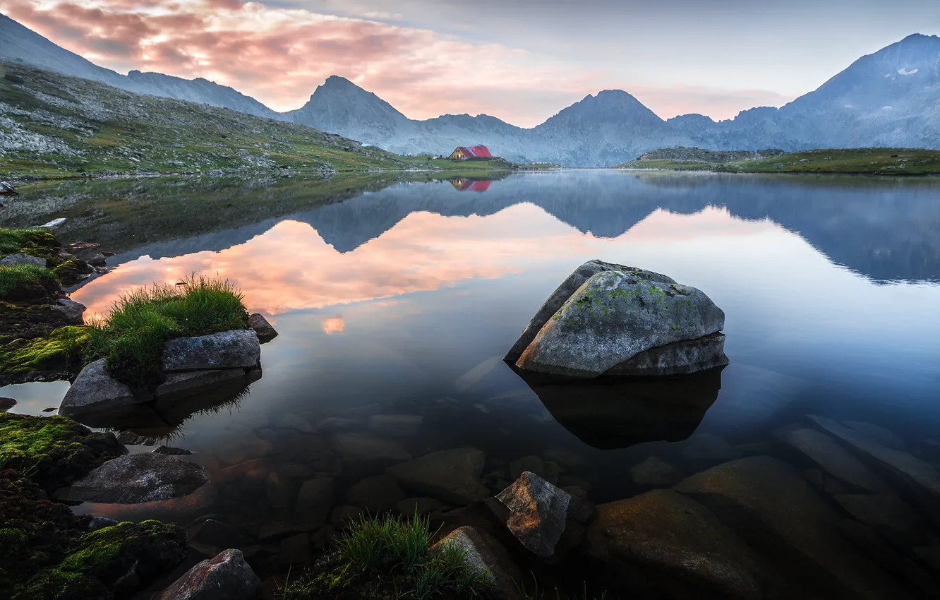 Photo wallpaper landscape, mountains, nature, lake, stones, dawn, morning, tent