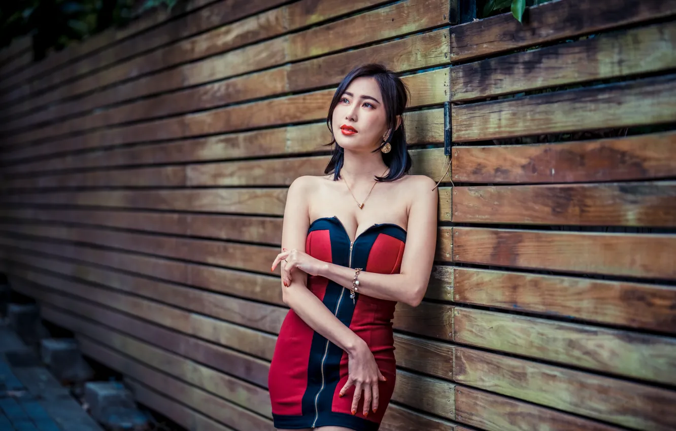 Photo wallpaper girl, dress, neckline, Asian
