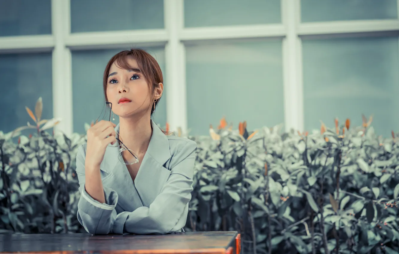 Photo wallpaper girl, reverie, pose, glasses, Asian