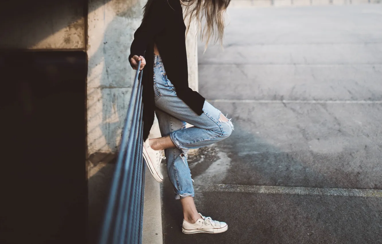 Photo wallpaper girl, style, feet, shoes, sneakers, jeans