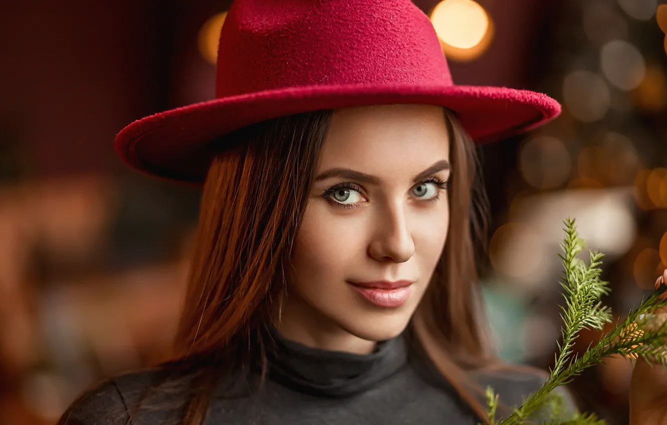 Photo wallpaper look, girl, face, sprig, portrait, hat, bokeh, A Diakov George