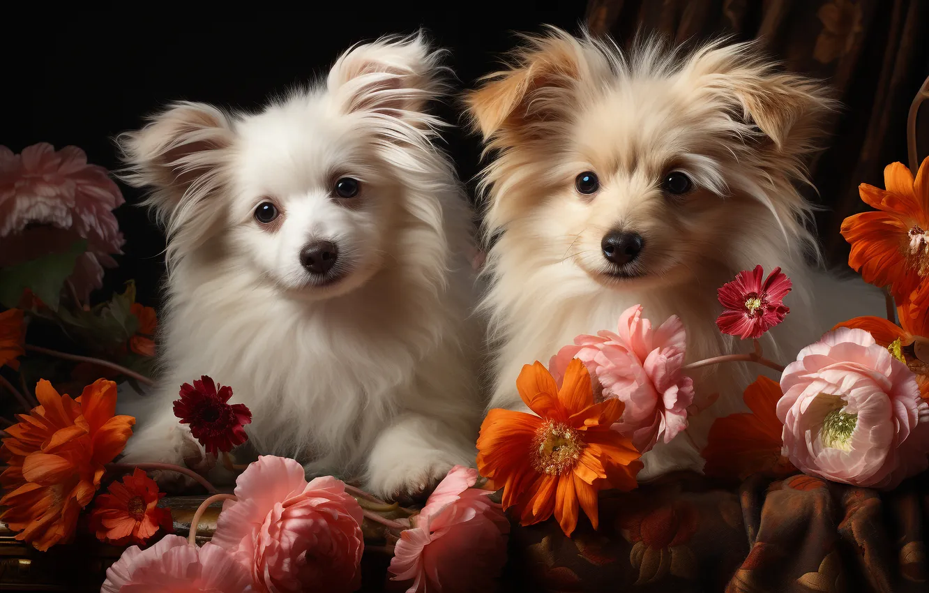 Photo wallpaper dogs, look, flowers, the dark background, dog, bouquet, puppies, a couple