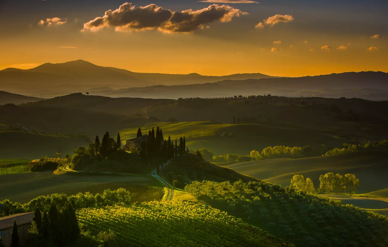Photo wallpaper mountains, house, hills, garden, Italy, vineyard, Tuscany