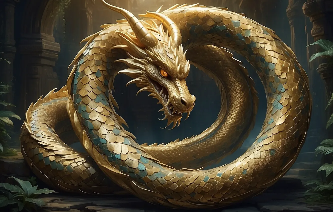 Photo wallpaper face, castle, dragon, new year, fantasy, gold, symbol of the year, curled