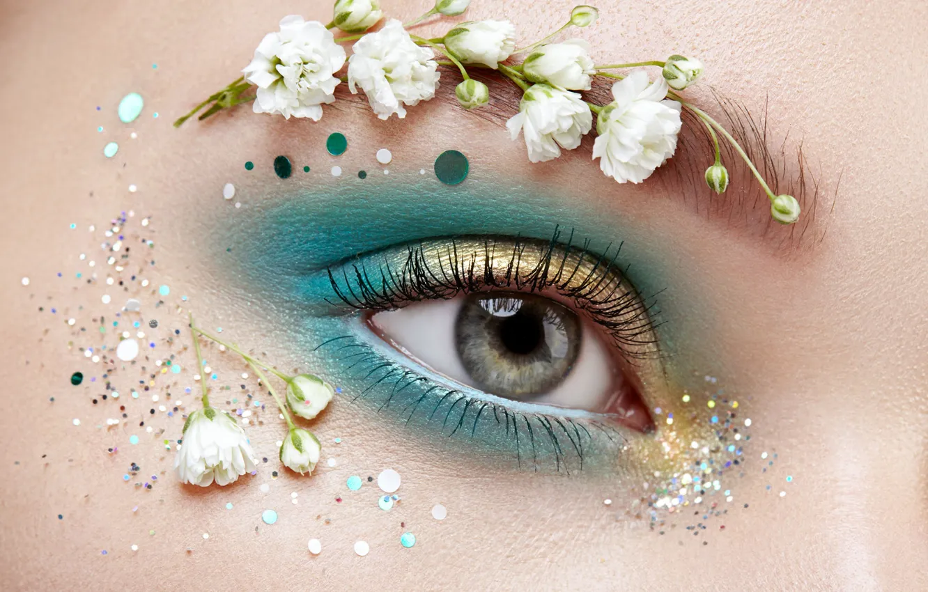 Photo wallpaper girl, flowers, face, eyes, makeup, sequins, Oleg Gekman
