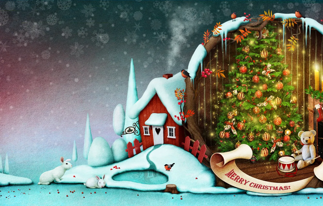 Photo wallpaper winter, snow, snowflakes, background, holiday, balls, toys, smoke