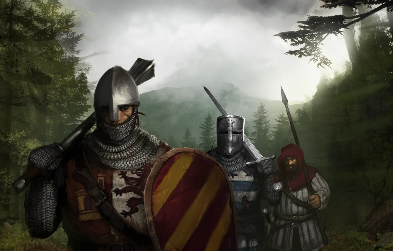 Photo wallpaper Sword, Knights, Mail, Spear, Shield, The middle ages, Topfhelm, Norman helmet