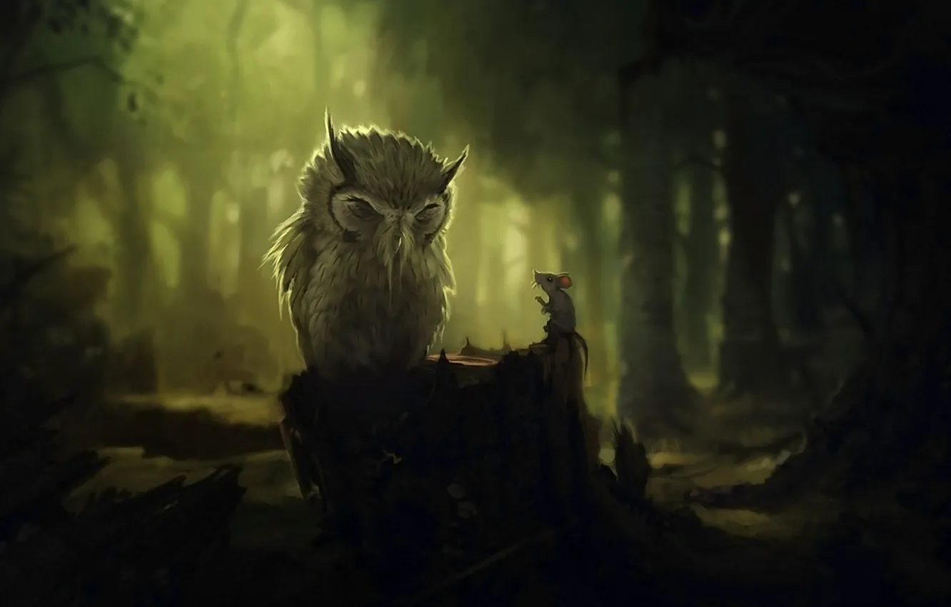 Photo wallpaper forest, trees, darkness, owl, stump, mouse, the conversation