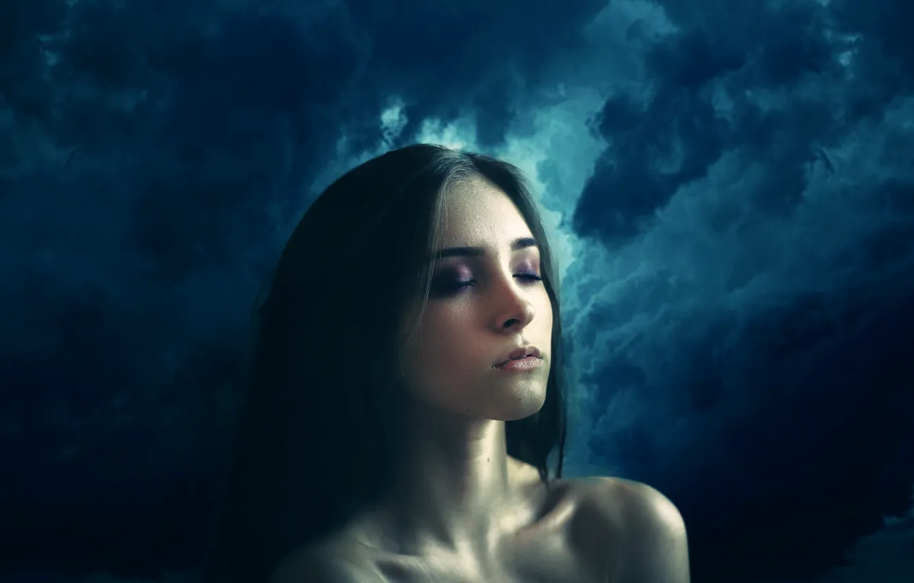 Photo wallpaper girl, clouds, storm, The calm within the storm