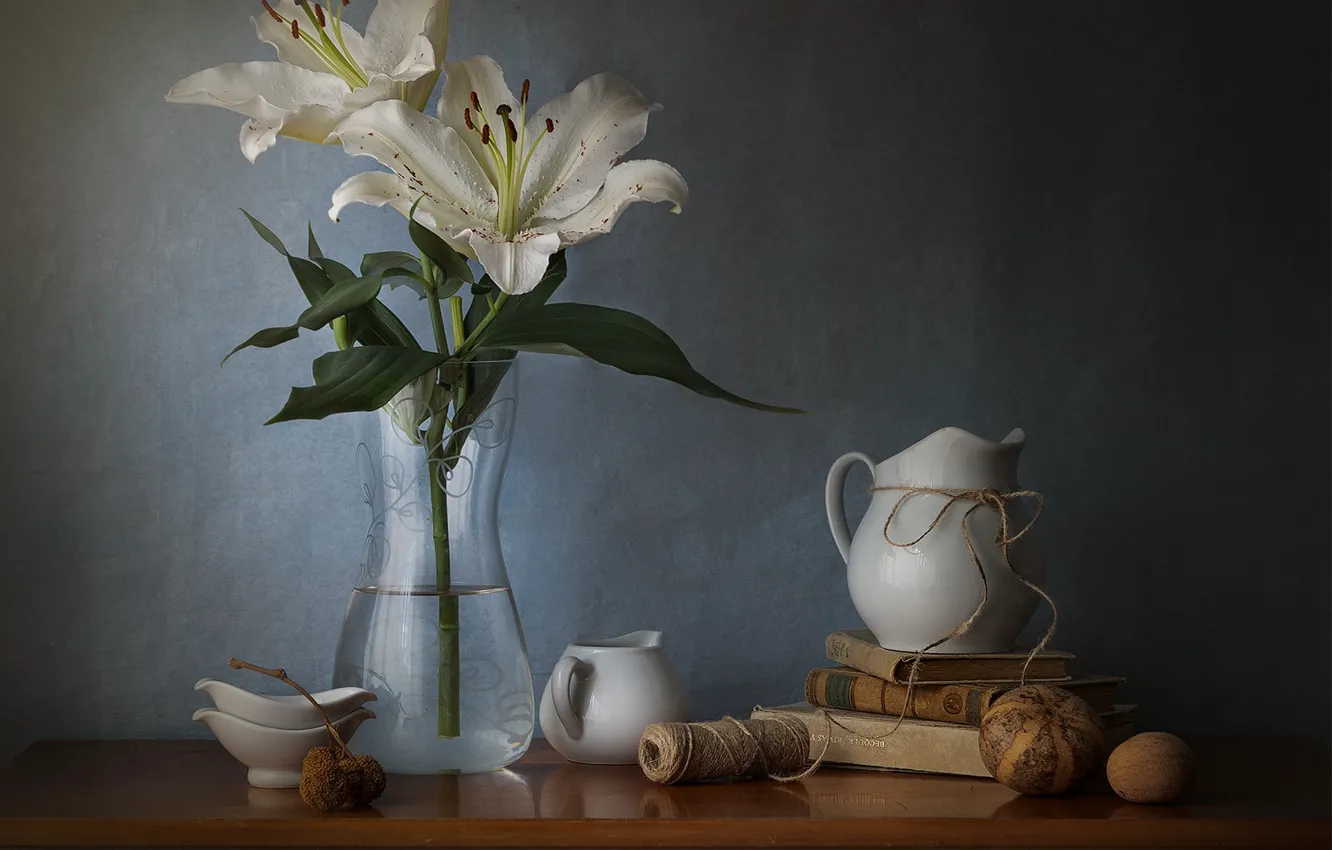 Photo wallpaper flowers, table, Lily, bouquet, rope, fruit, dishes, book