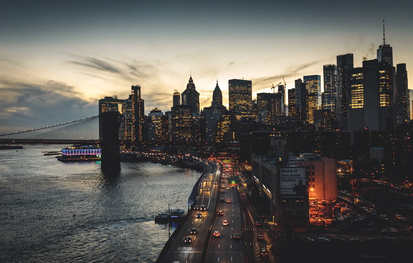 Photo wallpaper road, machine, the city, street, building, skyscrapers, the evening