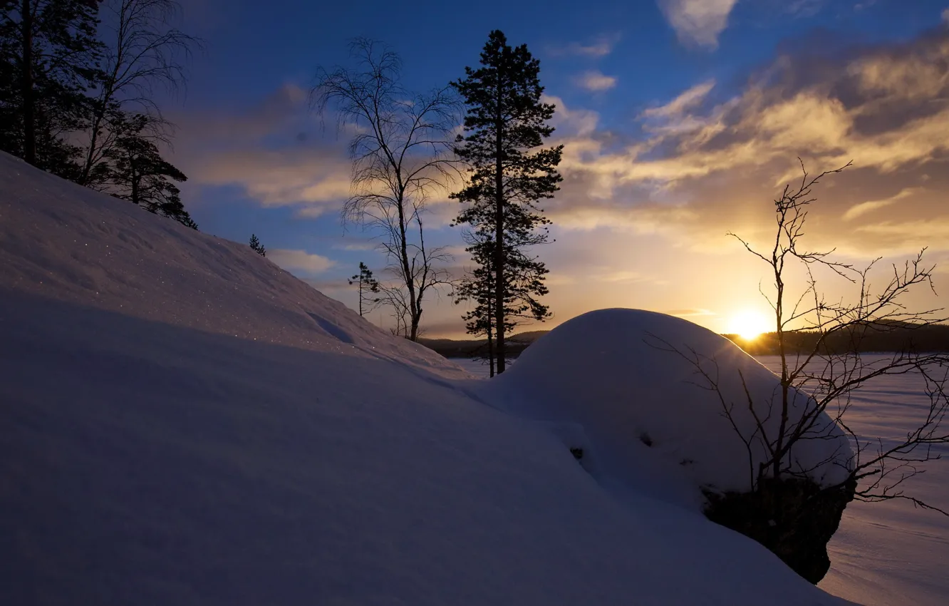 Photo wallpaper winter, snow, sunset, nature, photo, dawn
