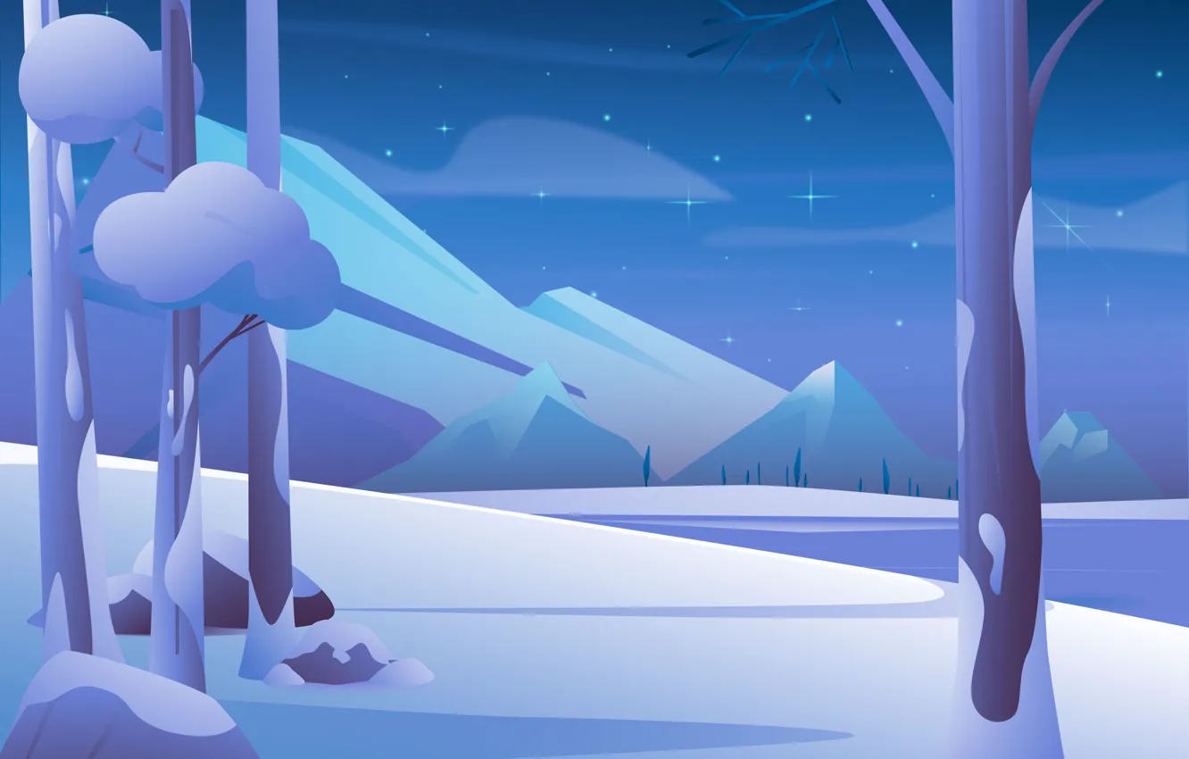 Photo wallpaper winter, the sky, stars, snow, trees, landscape, mountains, night