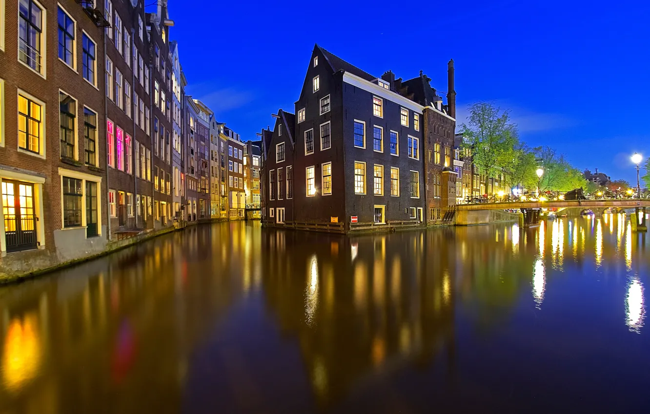 Photo wallpaper night, lights, home, Amsterdam, channel, Netherlands