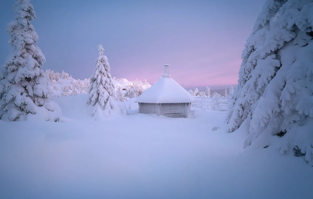 Photo wallpaper winter, snow, trees, hut, ate, the snow, hut, Andrey Bazanov