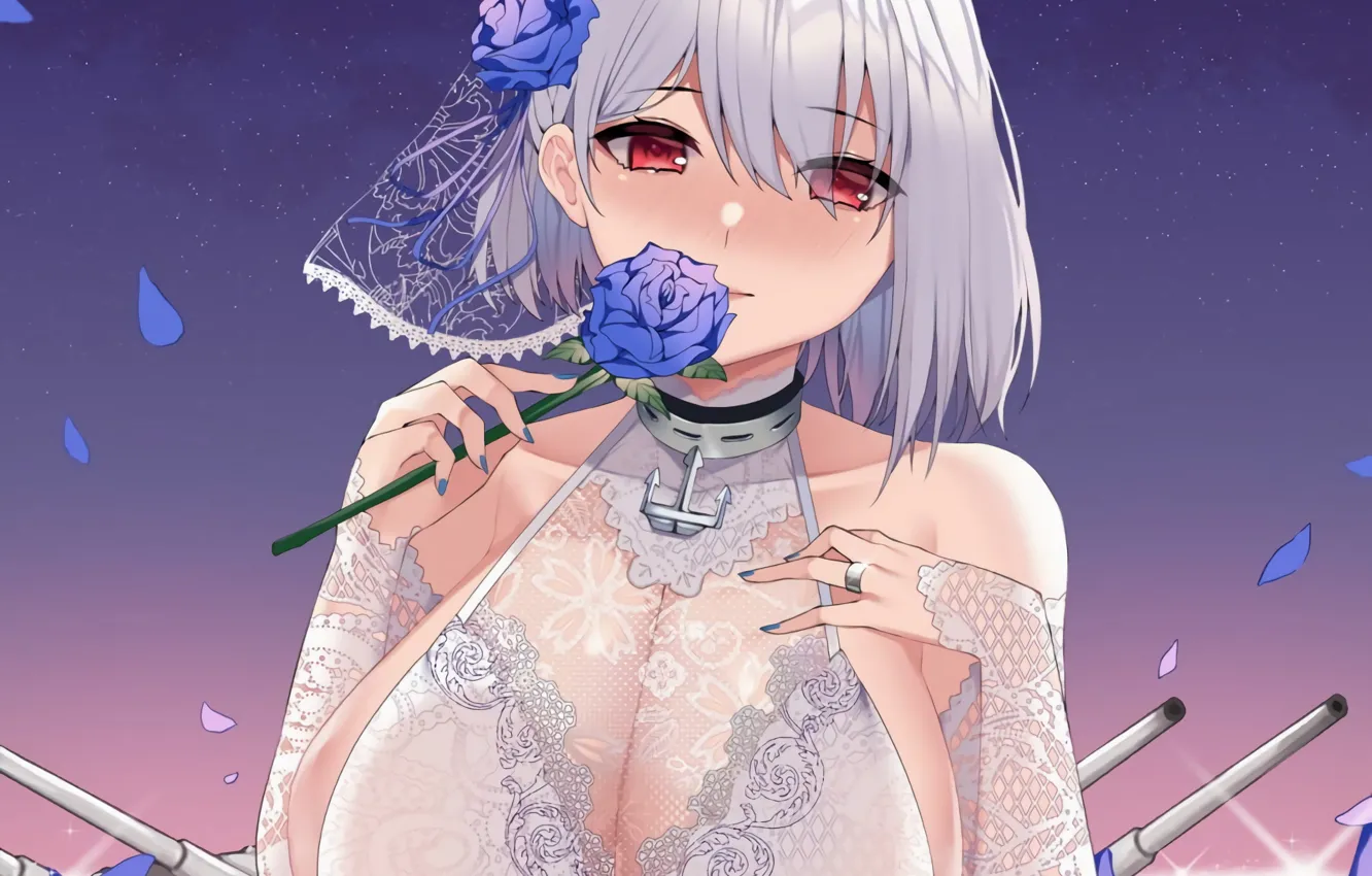 Photo wallpaper girl, rose, sexy, cleavage, flower, dress, boobs, anime