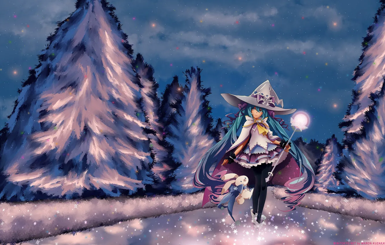 Photo wallpaper winter, the sky, girl, stars, clouds, snow, trees, snowflakes