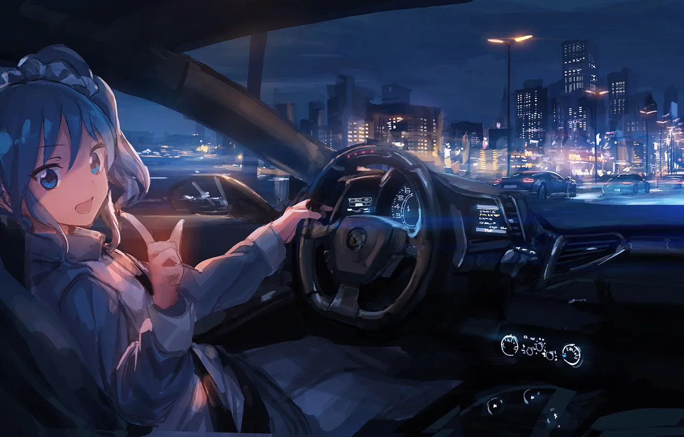 Photo wallpaper look, girl, night, the city, smile, car, gesture, art