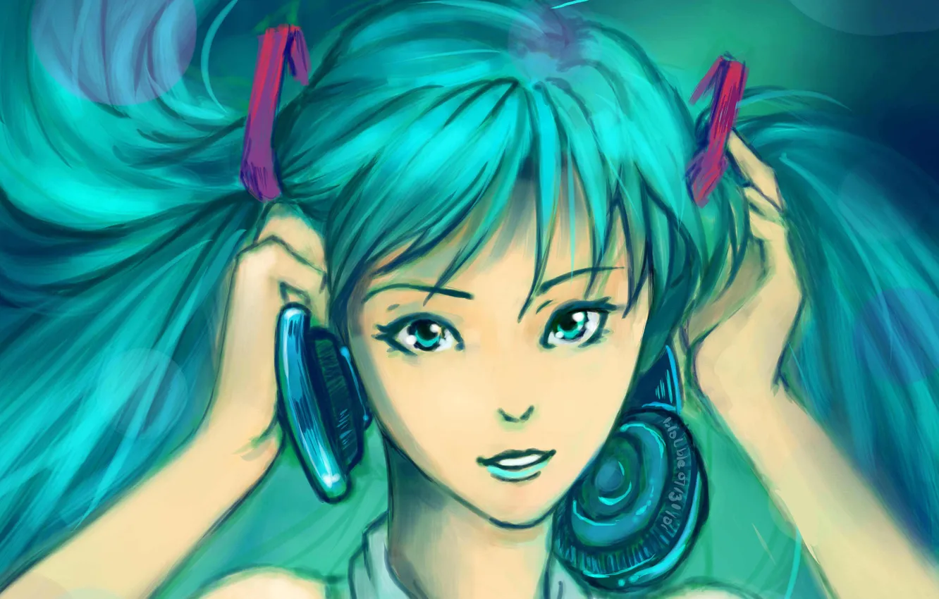 Photo wallpaper look, girl, headphones, art, vocaloid, hatsune miku, blue hair, missionario