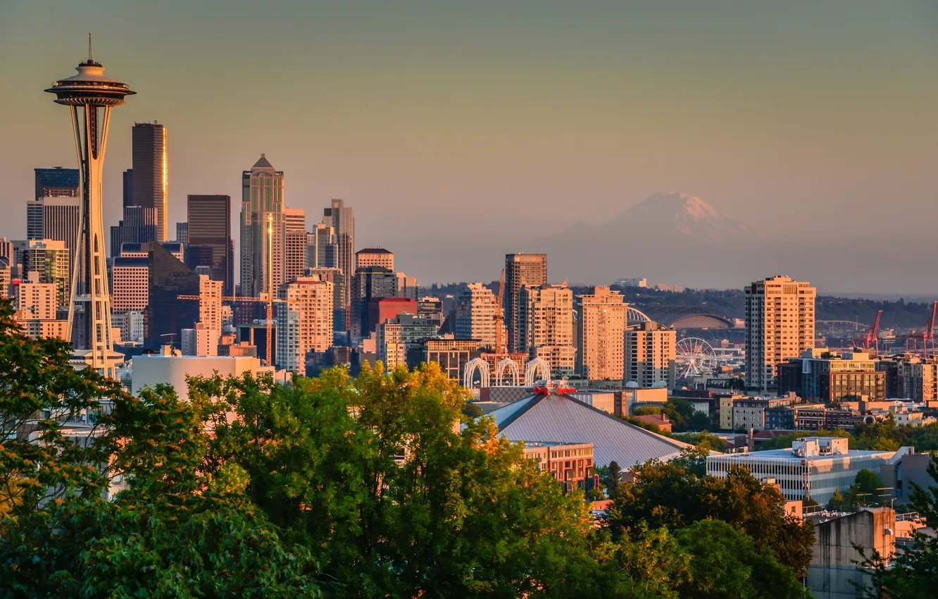 Photo wallpaper building, panorama, Seattle, Washington, Seattle, Washington, Mount Rainier, Mount Rainier