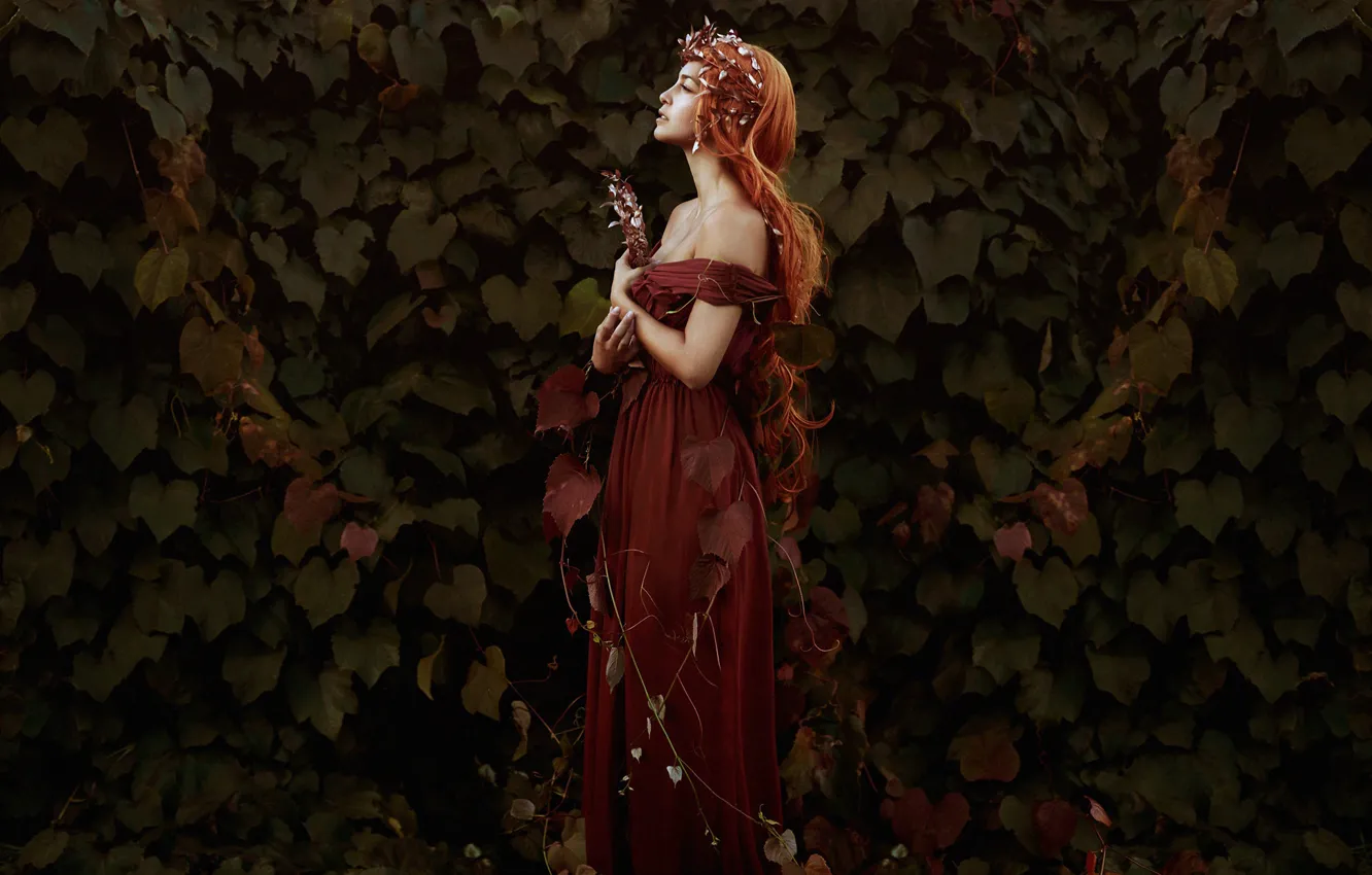 Photo wallpaper autumn, leaves, girl, pose, mood, dress, red, redhead