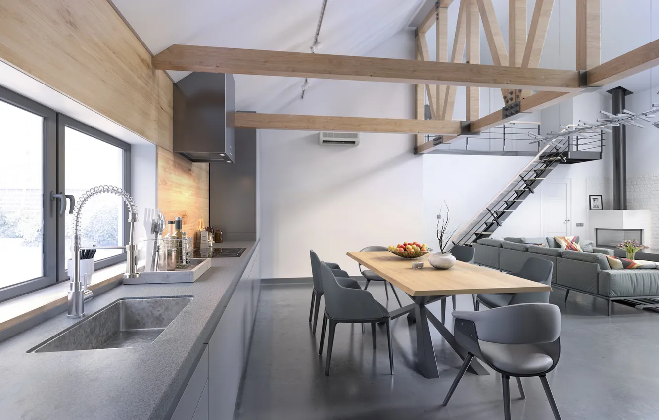 Photo wallpaper design, style, interior, kitchen, ladder, living room, dining room, Modern loft