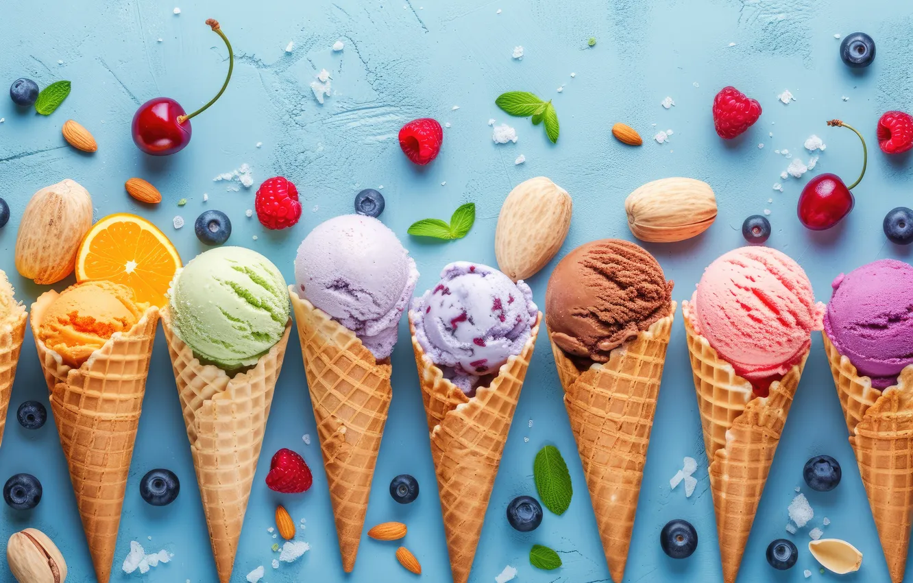 Photo wallpaper berries, colorful, ice cream, fruit, horn, fruits, berries, ice cream