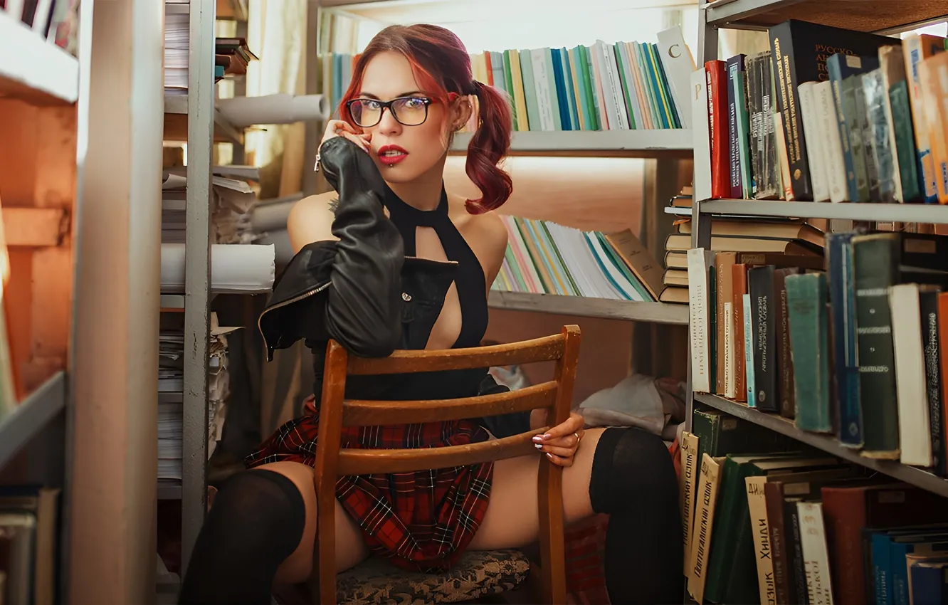 Photo wallpaper girl, pose, chair, book, red