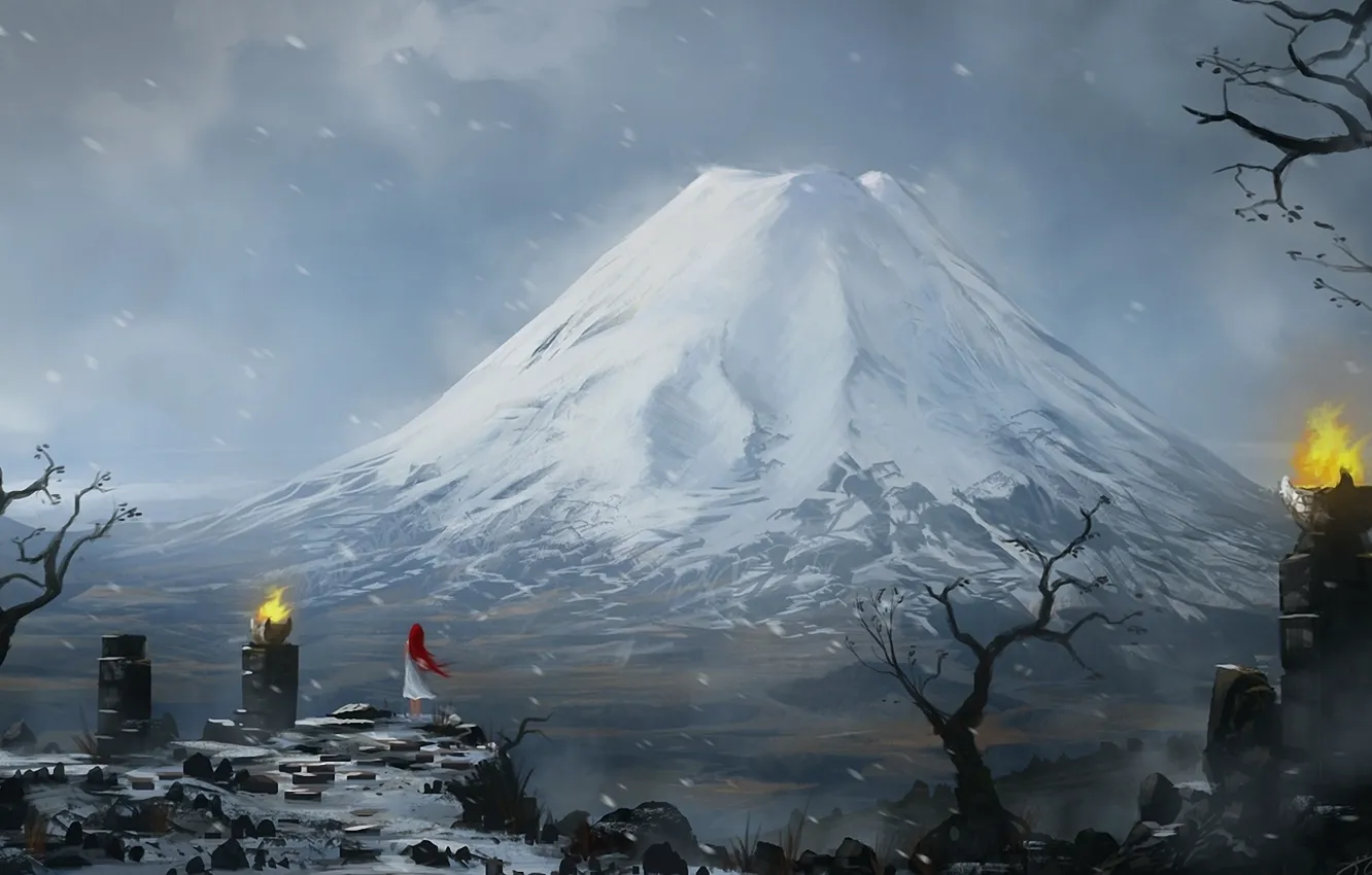 Photo wallpaper winter, girl, snow, mountains, lights, red, ruins, sanctuary