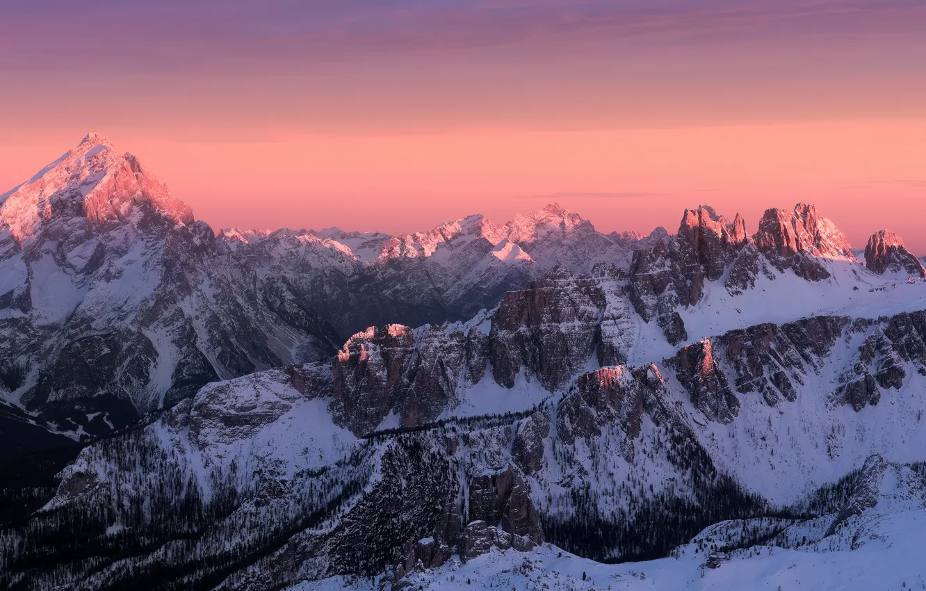 Photo wallpaper winter, the sky, snow, sunset, mountains, fog, dawn, the slopes