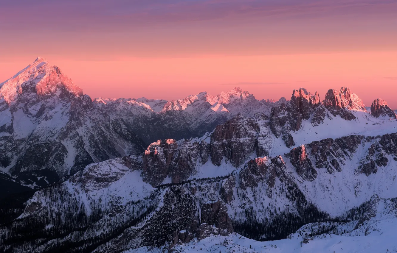 Photo wallpaper winter, the sky, snow, sunset, mountains, fog, dawn, tops
