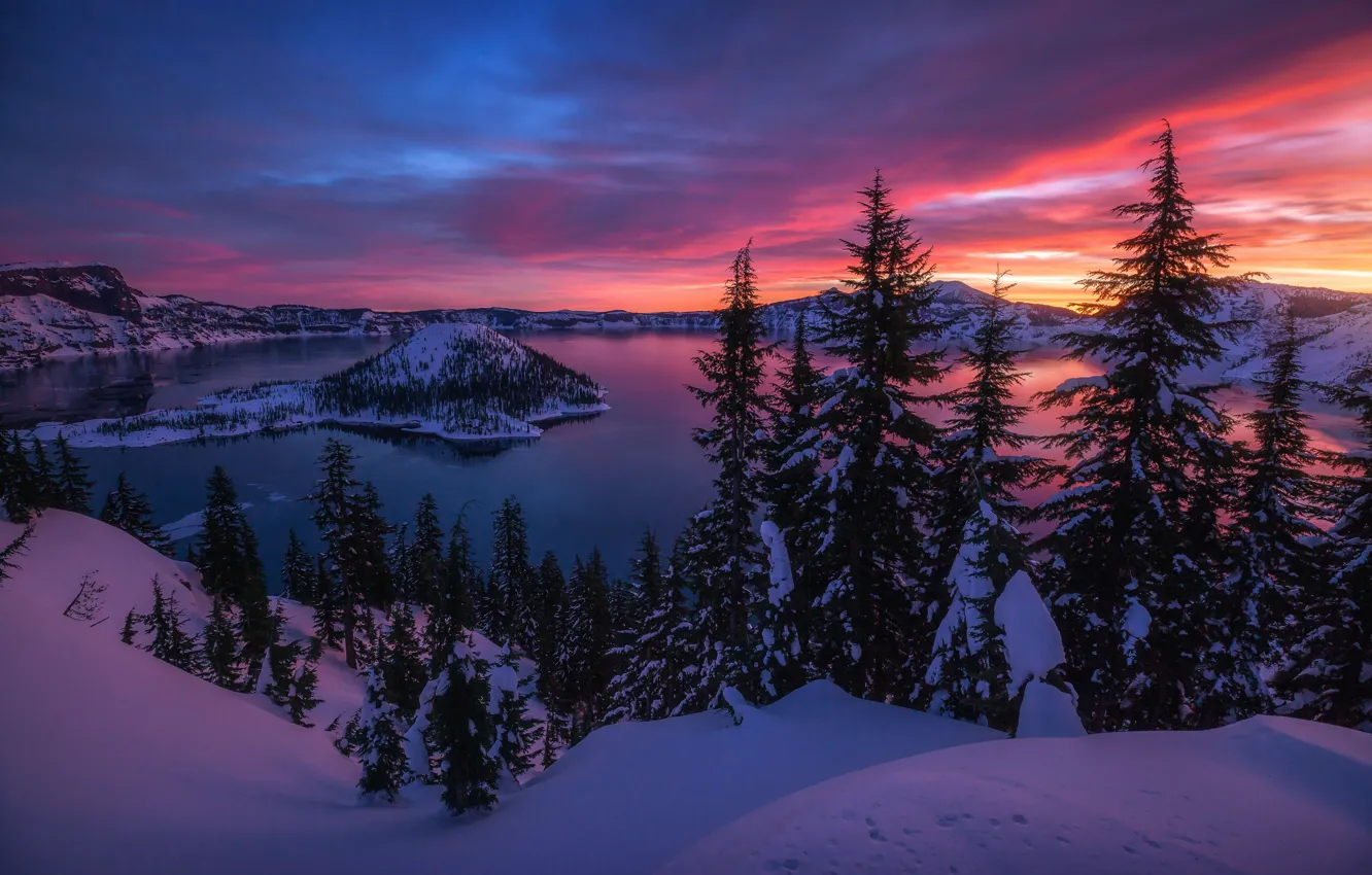 Photo wallpaper winter, snow, mountains, lake, the evening, morning, the volcano, USA
