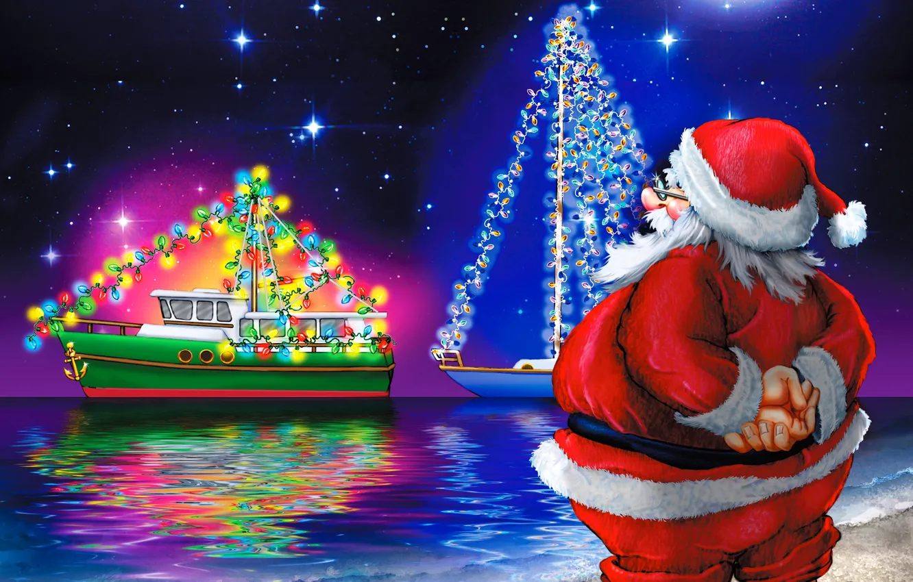 Photo wallpaper the sky, stars, reflection, shore, new year, lights, yacht, happy new year