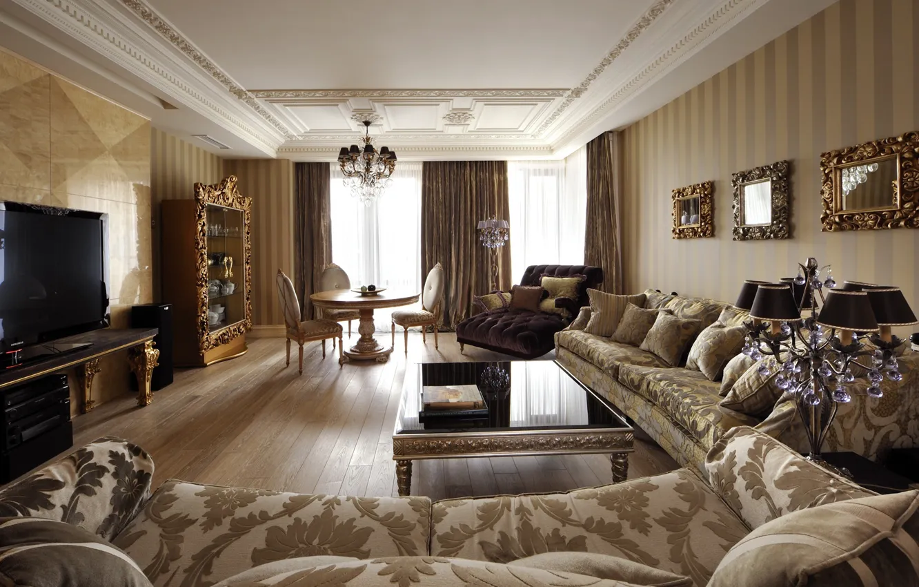 Photo wallpaper table, sofa, chairs, interior, chandelier, living room, plasma