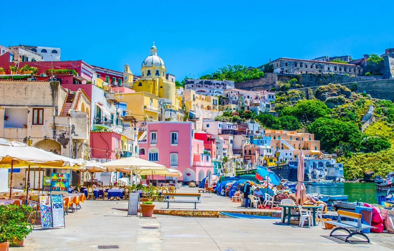 Photo wallpaper sea, bright, home, Italy, promenade, Procida