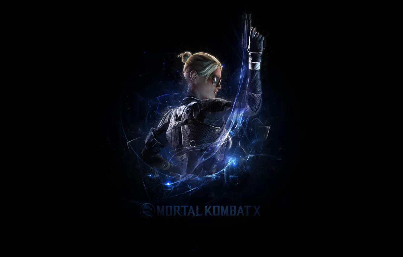 Photo wallpaper girl, gun, game, minimalism, weapon, Mortal Kombat, blonde, black background