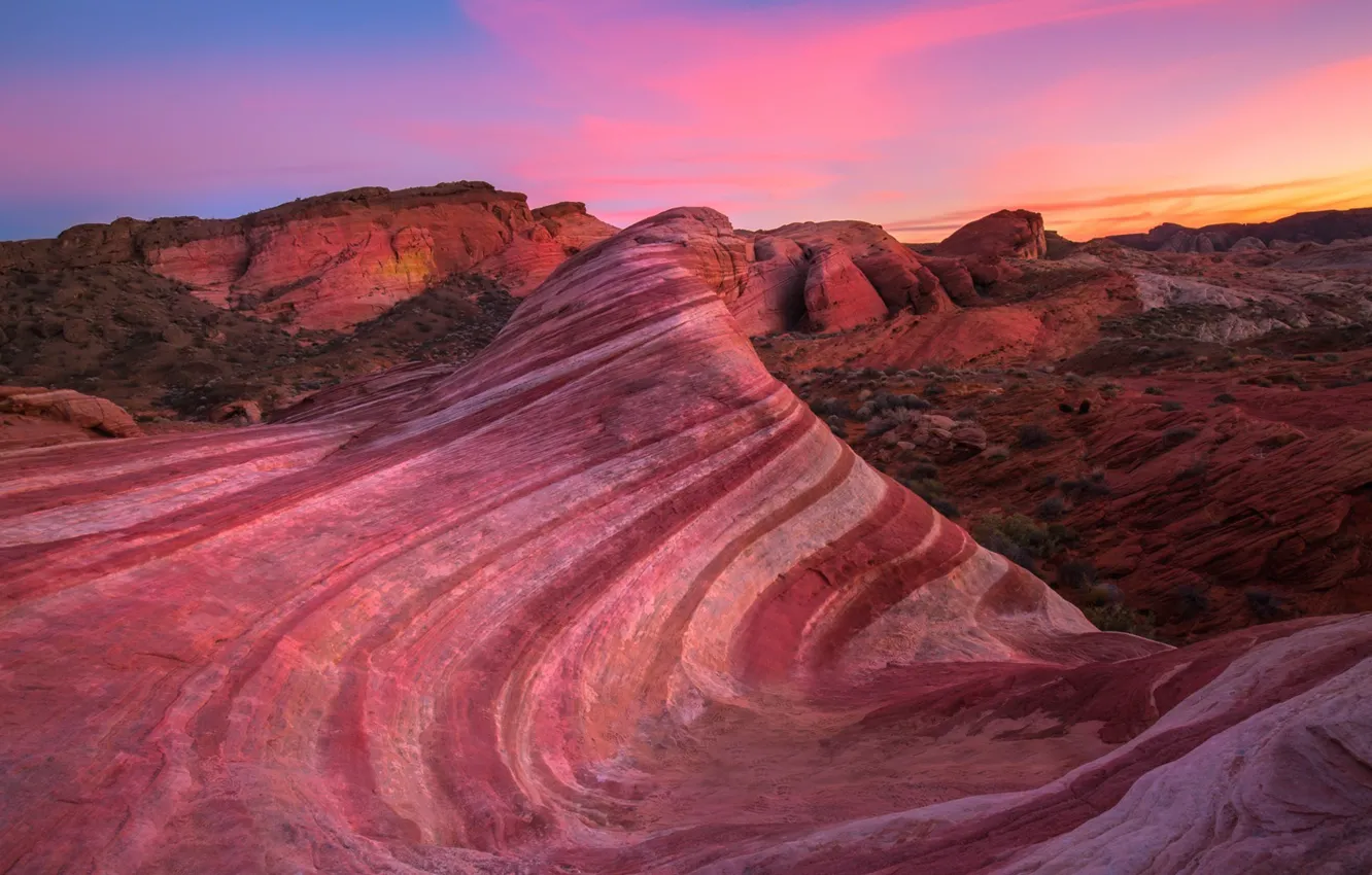 Photo wallpaper USA, sky, desert, landscape, nature, sunset, pink, clouds