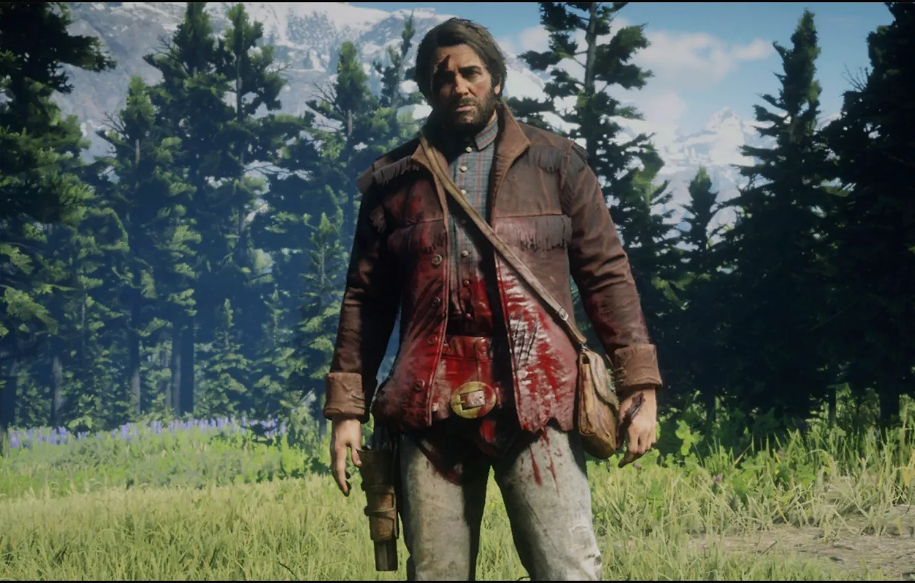 Photo wallpaper Wood, Game, Trees, Bear, Attack, Blood, Xbox One S, Red Dead Redemption 2