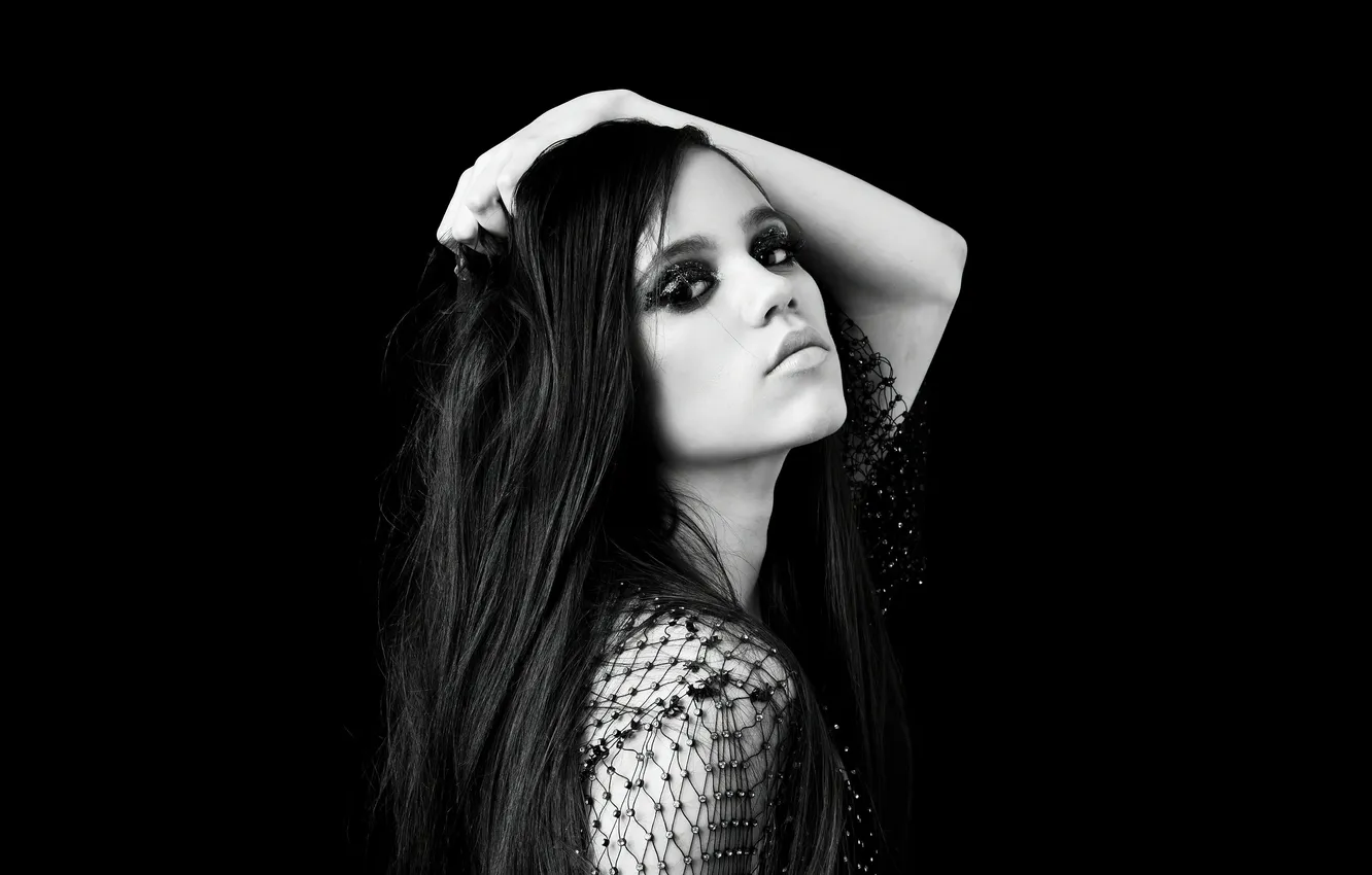 Photo wallpaper look, pose, makeup, actress, black and white photo, Jenna Ortega, Jenna Ortega