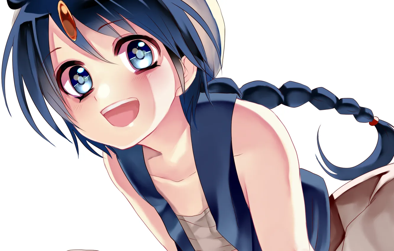 Photo wallpaper smile, anime, white background, male, blue eyes, long hair, blue hair, Aladdin