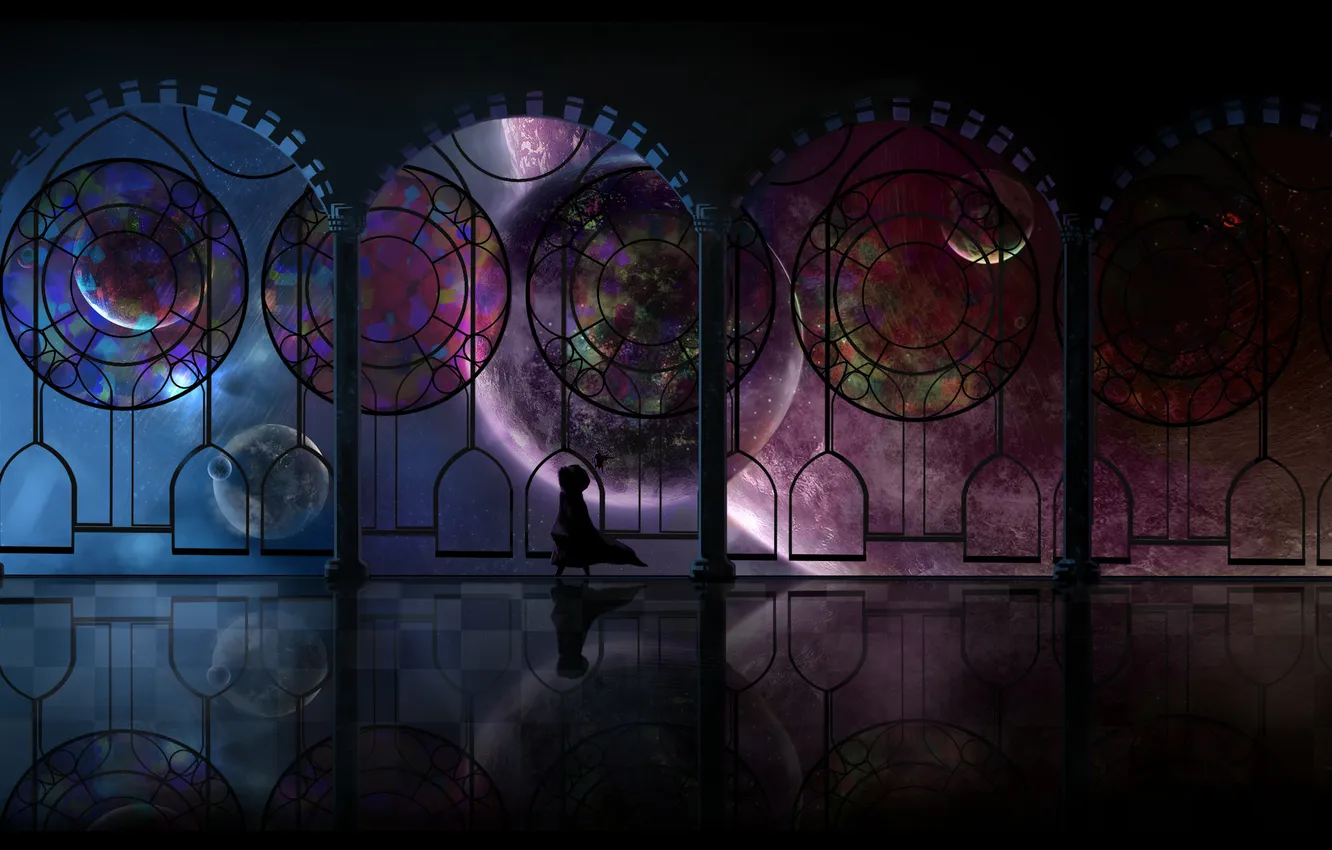 Photo wallpaper girl, space, planet, anime, window, art, oright