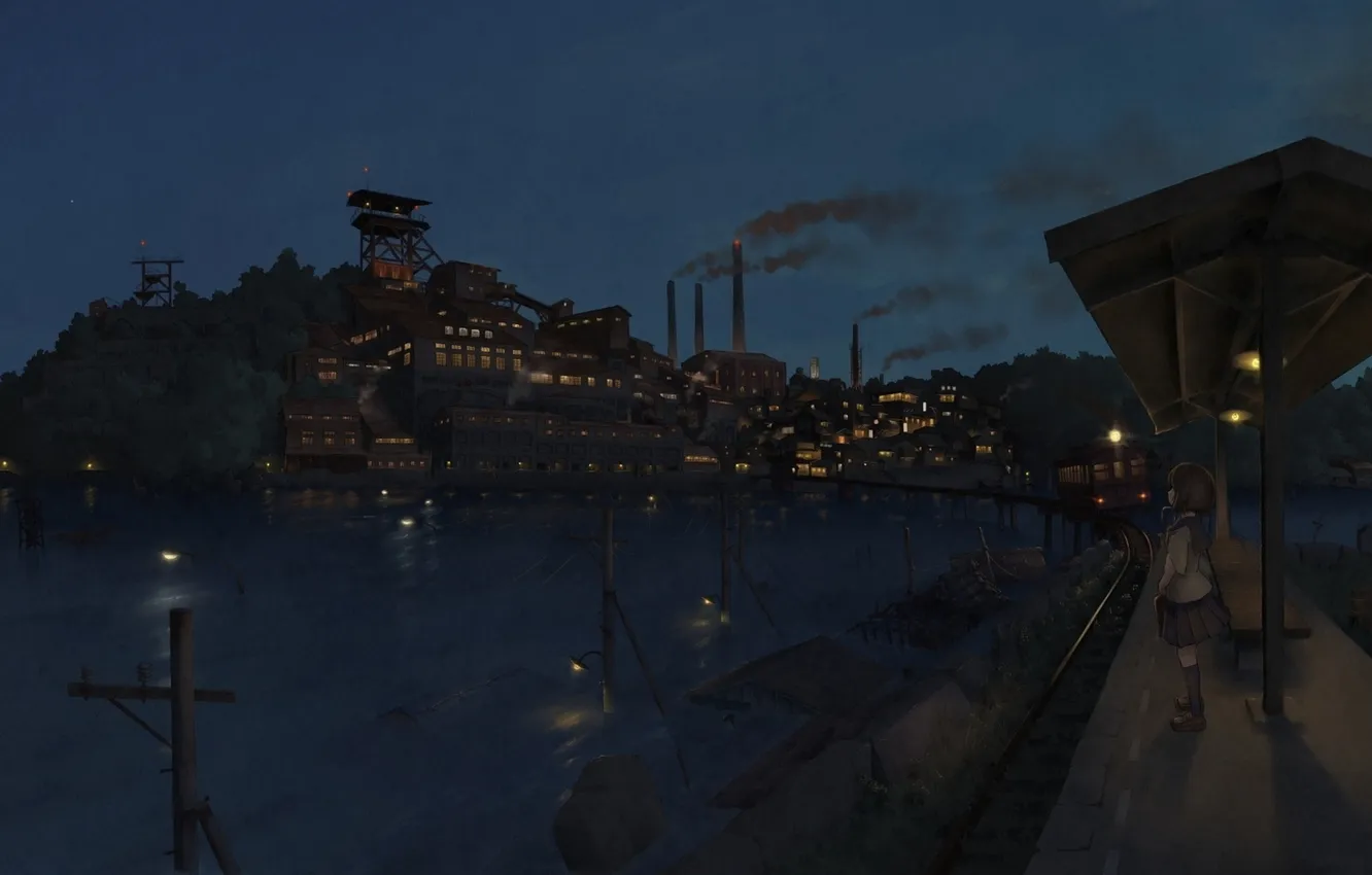 Photo wallpaper water, girl, night, the city, posts, smoke, train, home
