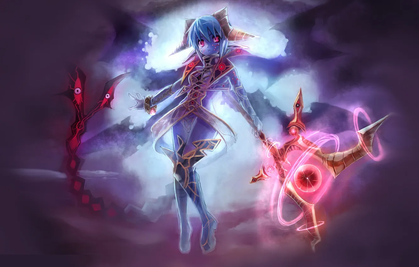 Photo wallpaper magic, the demon, fantasy, girl, tail, horns, staff