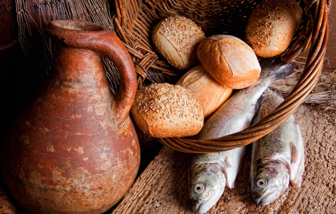 Photo wallpaper table, basket, fish, pitcher, buns